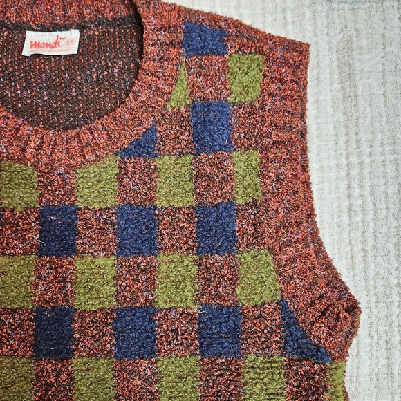 Vintage 70s Checkerboard Boucle Knit Vest Green, Blue, Orange Small - Picture 3 of 11